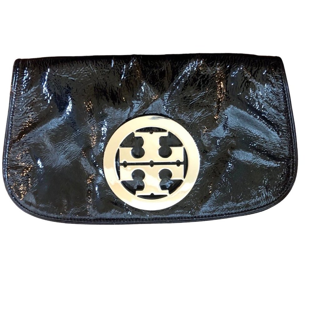 Tory Burch Black Leather Clutch Purse Bag Silver Logo Strapless
